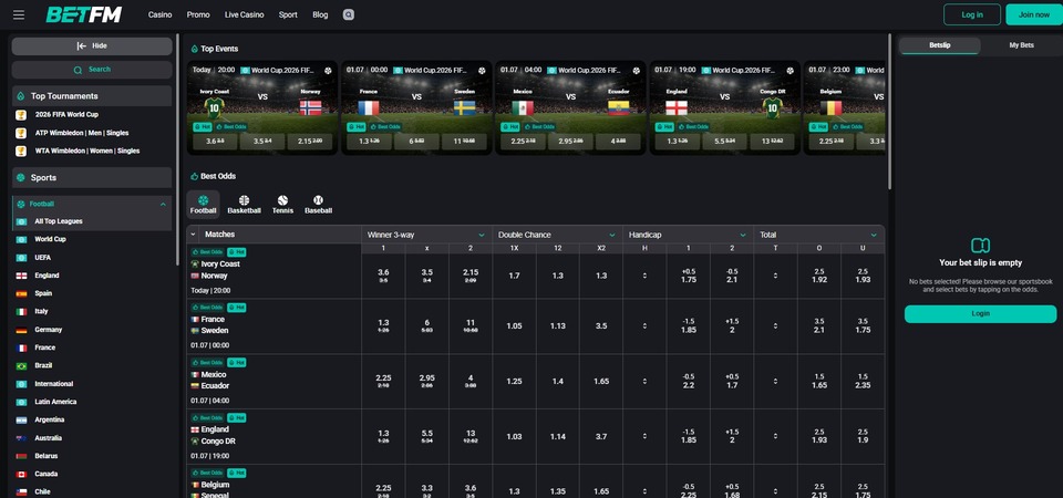 Screenshot of sports page at BetFM