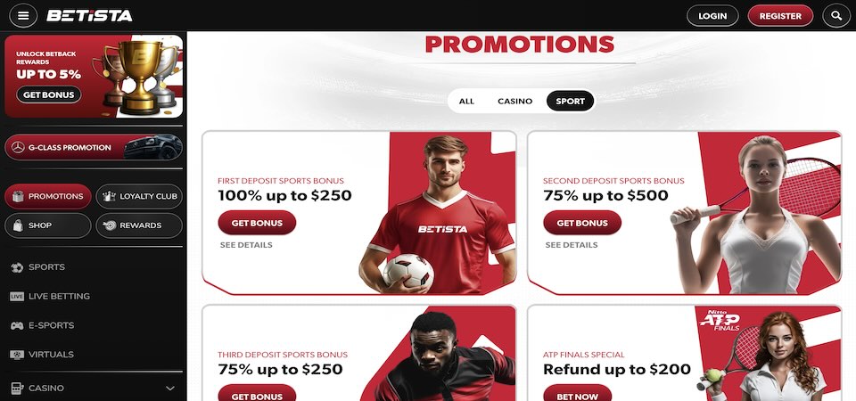 Screenshot of the Betista updated bonuses page