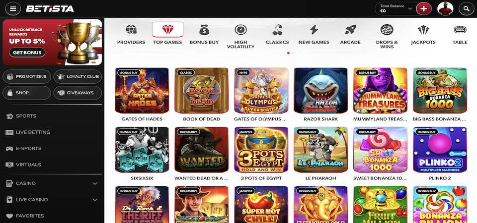 Screenshot of the Betista casino page
