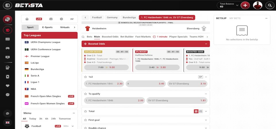 Screenshot of the Betista sport page