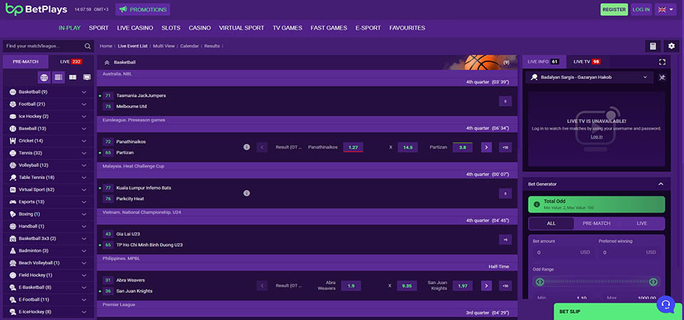 Screenshot of the BetPlays live page