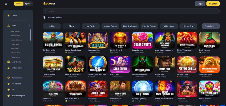 Screenshot of casino page at Cocobet