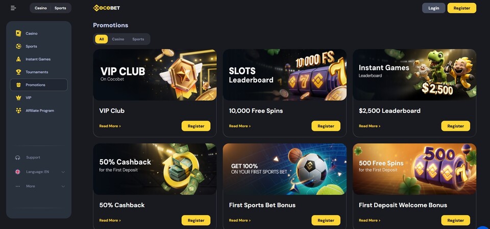 Screenshot of promotions page at Cocobet