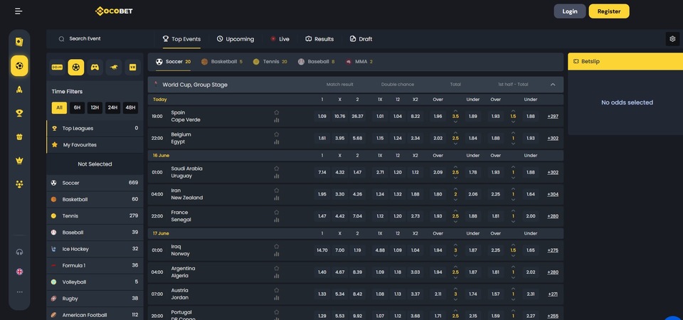 Screenshot of sports page at Cocobet