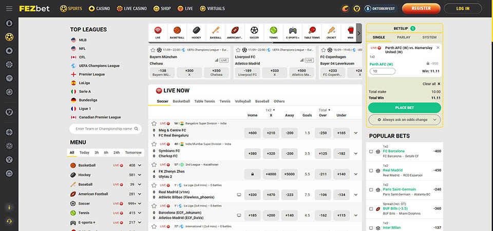 Screenshot of the FezBet live betting page