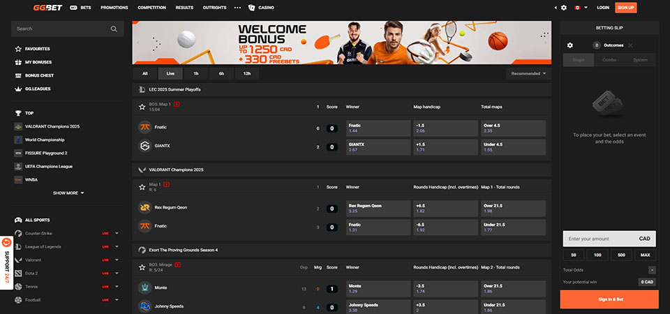 Screenshot of the GGBET live betting page