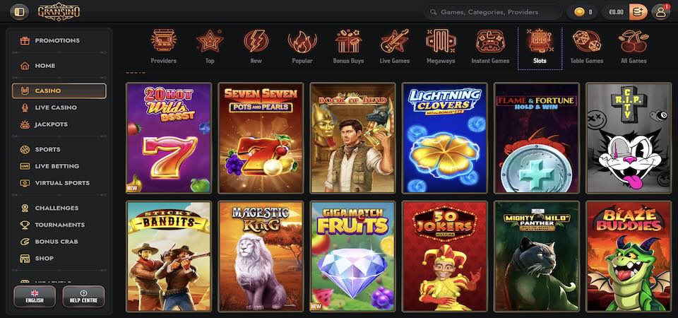 Screenshot of the Gransino casino page