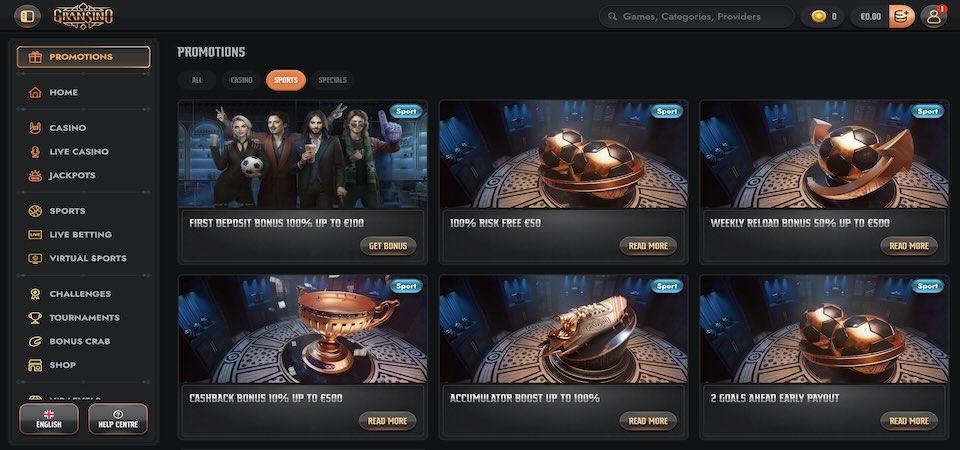 Screenshot of the Gransino bonuses page