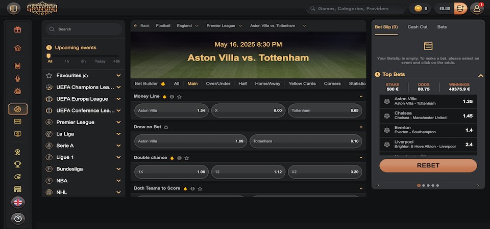 Screenshot of the Gransino sport page