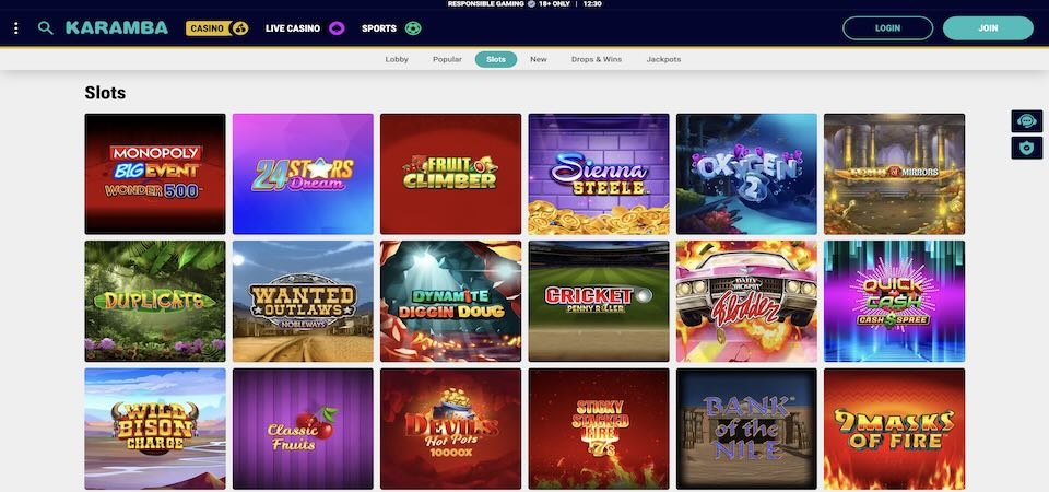 Screenshot of the Karamba casino page