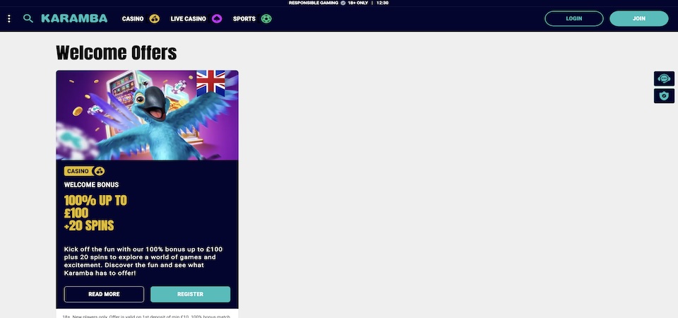 Screenshot of the Karamba bonuses page