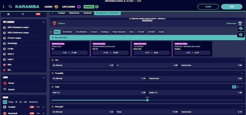 Screenshot of the Karamba sport page
