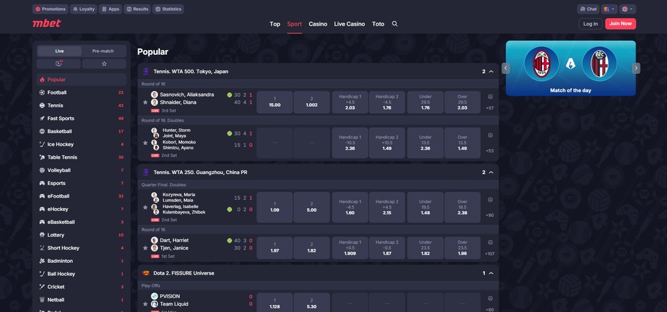 Screenshot of sports at Marathonbet