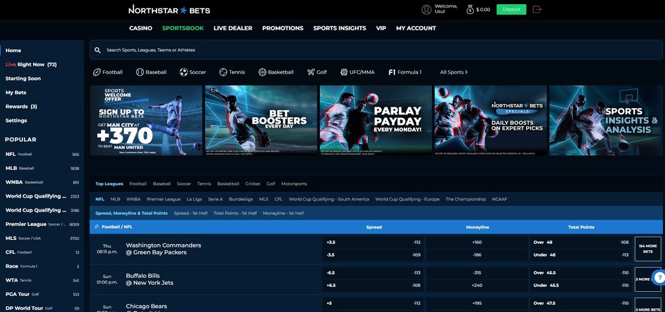 Screenshot of NorthstarBets' sports page