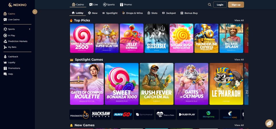 Screenshot of casino page at Noxino