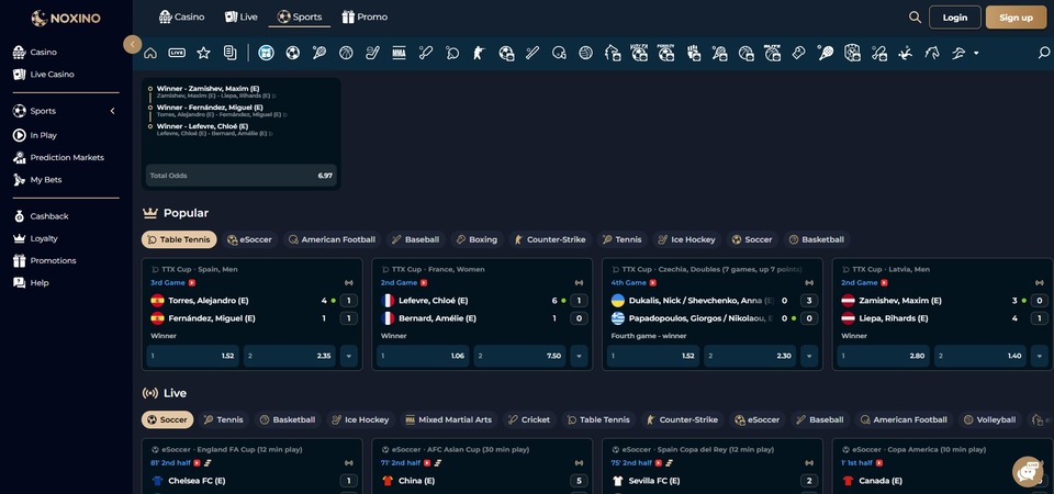 Screenshot of sports betting at Noxino