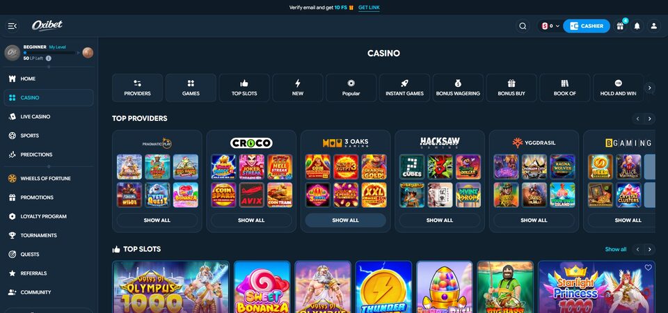 Screenshot of casino page at Oxibet