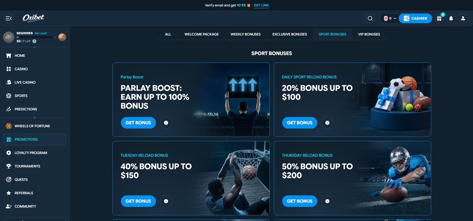 Screenshot of promotions at Oxibet
