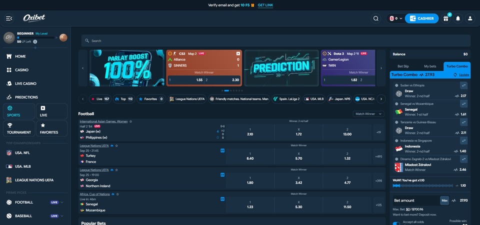 Screenshot of sports page at Oxibet