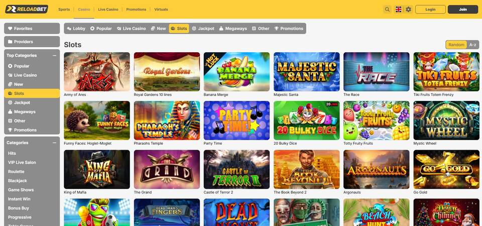 Screenshot of casino page at ReloadBet
