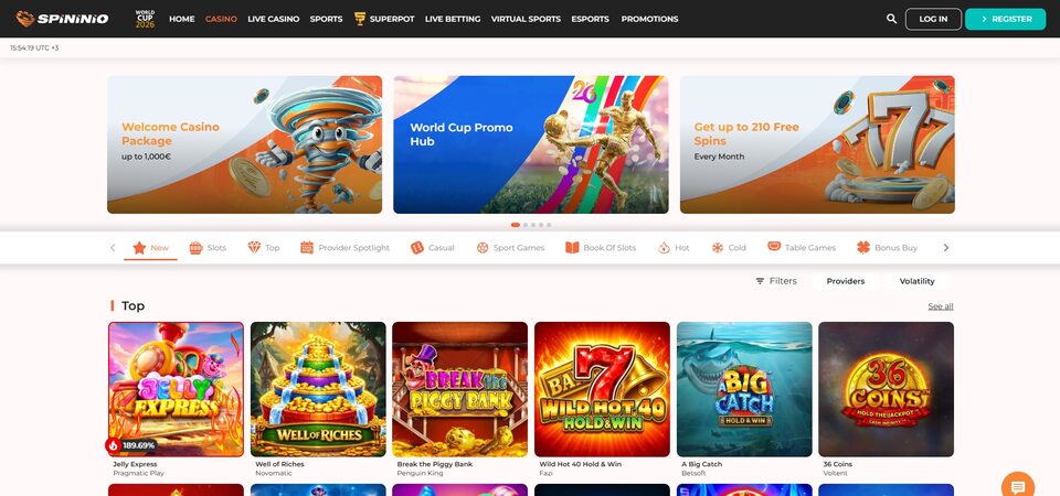 Screenshot of casino page at Spininio