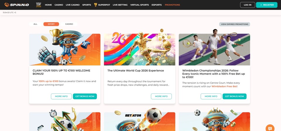 Screenshot of promotions page at Spininio