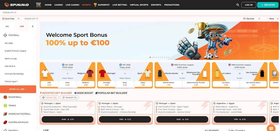 Screenshot of sports page at Spininio