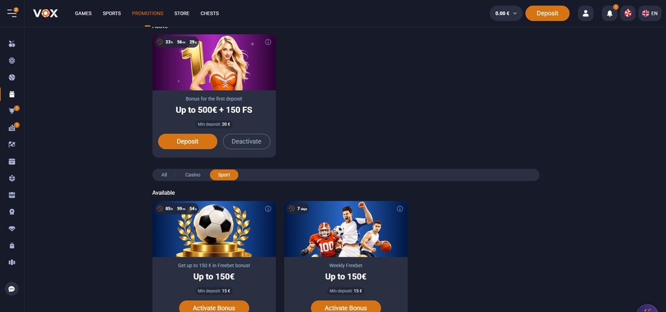 Screenshot of promotions at Vox Casino