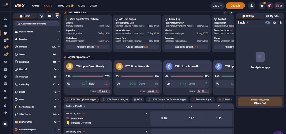 Screenshot of sports betting at Vox Casino