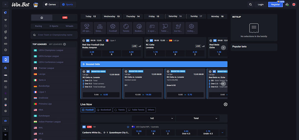 Screenshot of the Win.Bet sports page