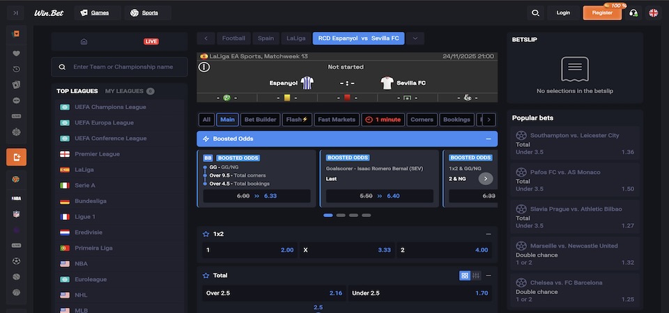 Screenshot of the Win.Bet sports page