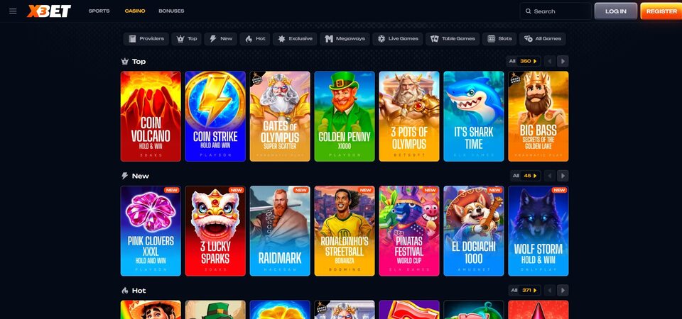 Screenshot of casino page at X3bet