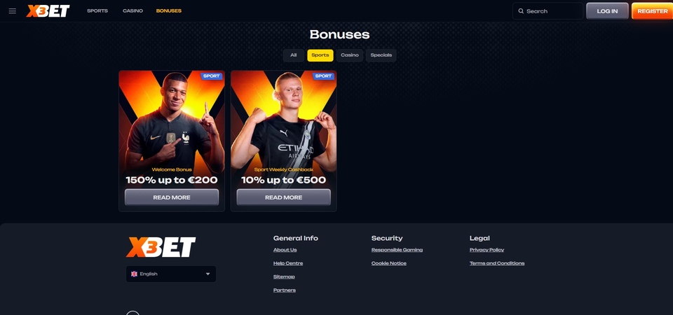 Screenshot of promotions at X3bet