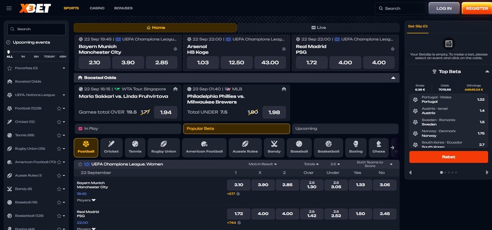 Screenshot of sports page at X3bet