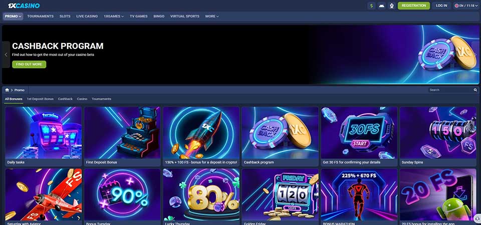 Screenshot of the 1xcasino promo page
