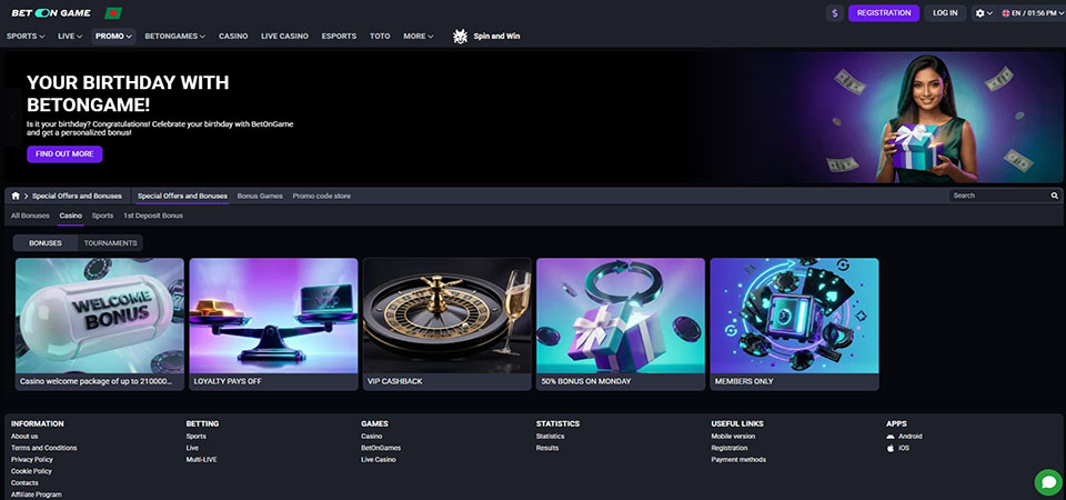 Screenshot of the BetOnGame promo page