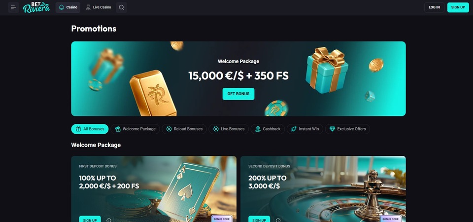 Screenshot of promotions page at BetRiviera