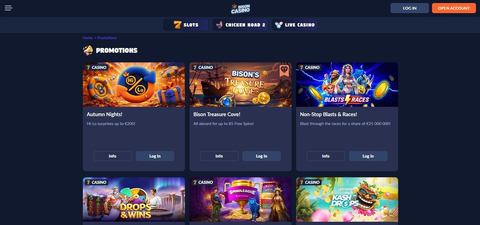 Screenshot of promotions at Bison Casino