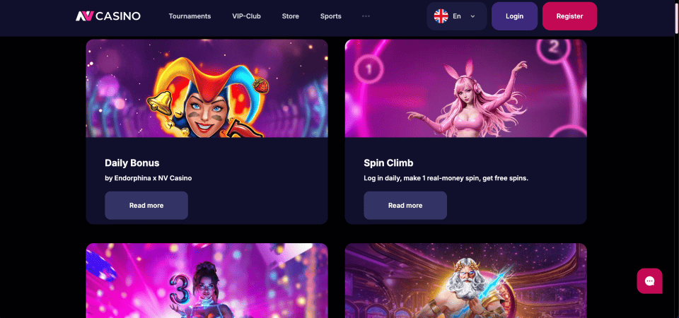 Screenshot of the NV Casino promo page