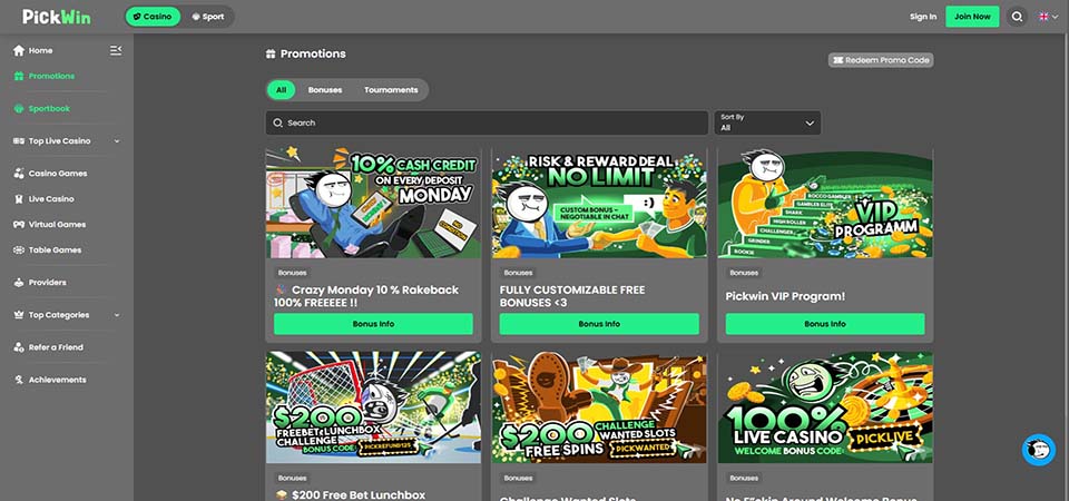 Screenshot of the Pickwin promo page
