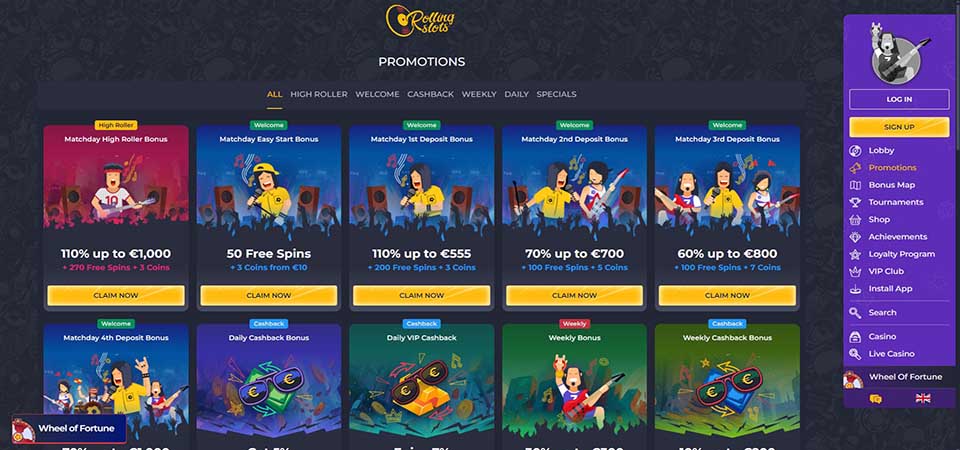 Screenshot of the RollingSlots bonus page