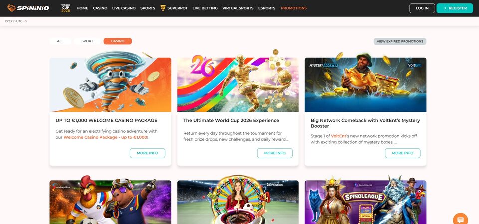 Screenshot of casino promotions at Spininio
