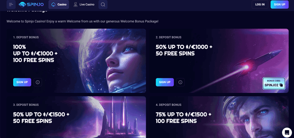 Screenshot of the Spinjo promo page