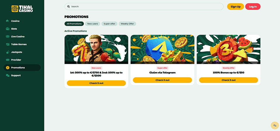Screnshoot of the Tikal Casino promo page