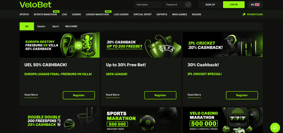 Screenshot of the Velobet promo page