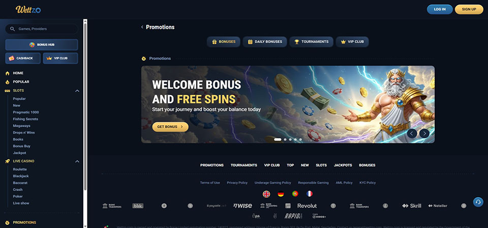 Screenshot of the Wettzo promo page