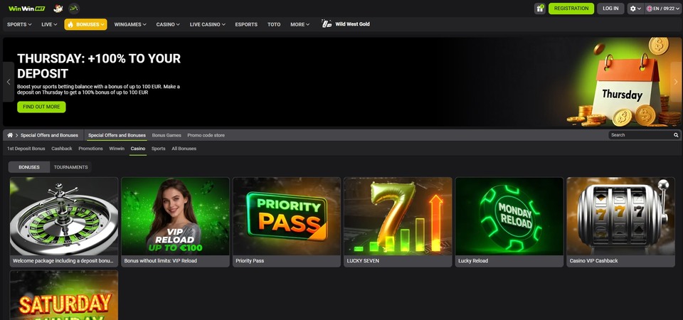 Screenshot of casino promotions at WinWin.bet