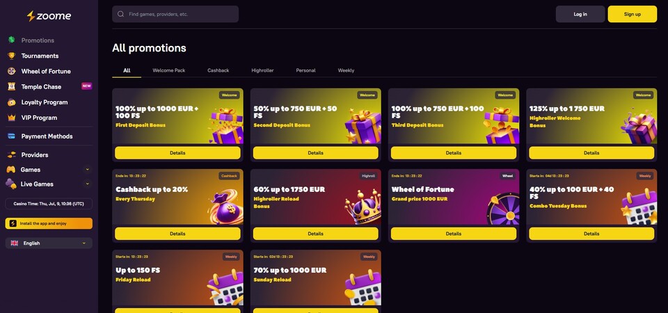 Screenshot of promotions at Zoome