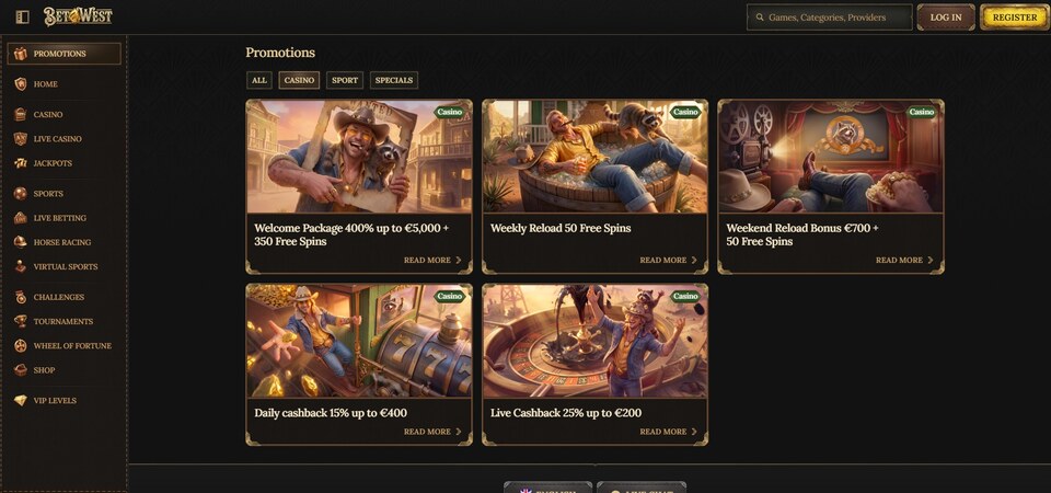 Screenshot of casino promotions at BetWest