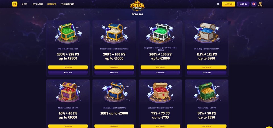 Screenshot of promotions page at EmperiaCasino